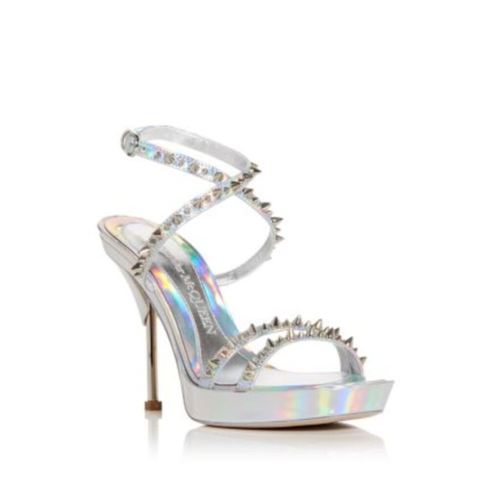 ALEXANDER MCQUEEN Womens Silver Iridescent 1" Platform Punk Heeled Sandal 38